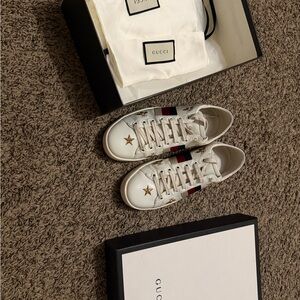 Gucci White Sneakers with Red and Blue Accents
